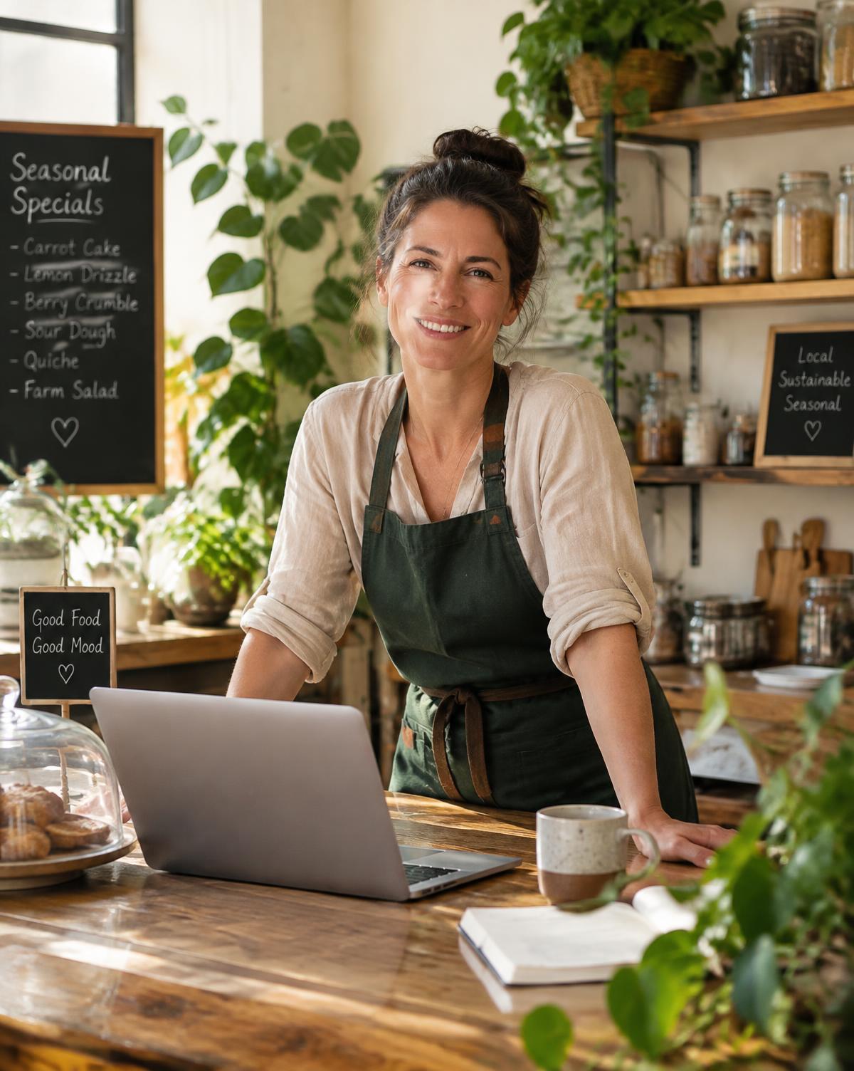 Inhaberin eines kleinen Cafés lächelt an ihrem Tresen mit Laptop